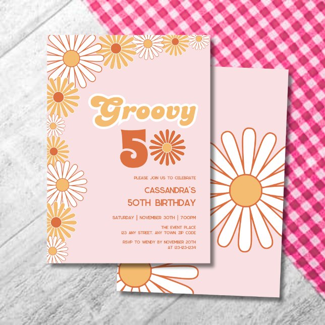 Groovy Retro Daisy Boho Orange Pink Birthday Invitation (Creator Uploaded)