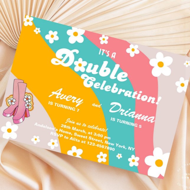 Groovy Retro Daisy Joint Birthday Invitation (double celebration invite, joint birthday invite, twin birthday party, retro birthday invite, daisy )