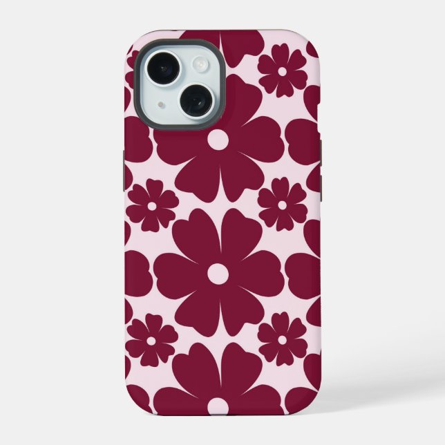 Groovy Retro Daisy Pattern Deep Berry Pink iPhone 15 Case (Back)