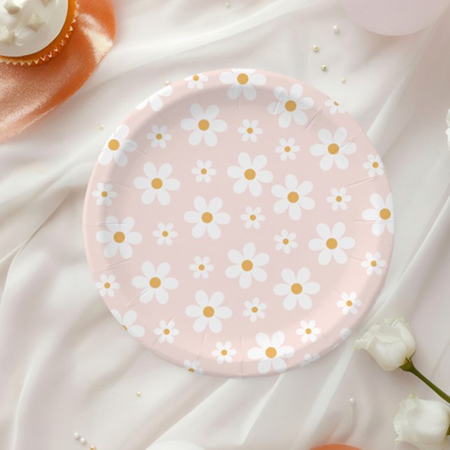 Groovy Retro Daisy Pink Paper Plate (Creator Uploaded)