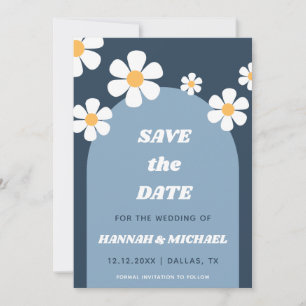 Groovy Retro Dusty Blue Boho Arch & Daisy Pattern  Save The Date