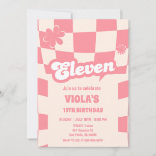 Groovy Retro Eleven Pink 11th birthday  Invitation