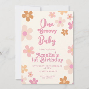 Groovy Retro Floral 1st Birthday Invitation