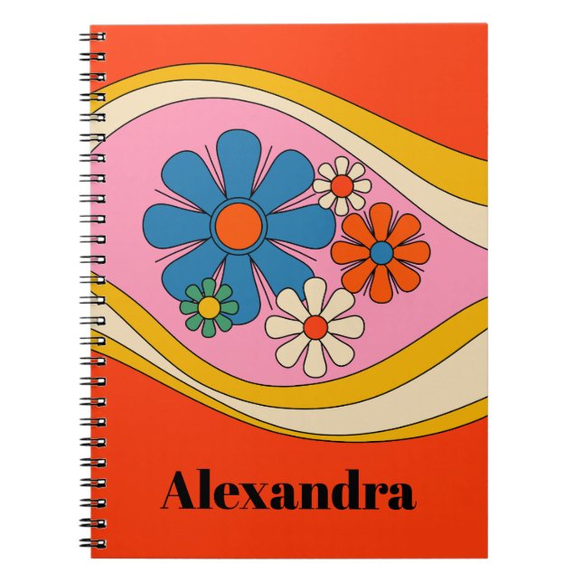 Groovy Retro Floral 60s 70s Colourful Personalized Notebook (Front)