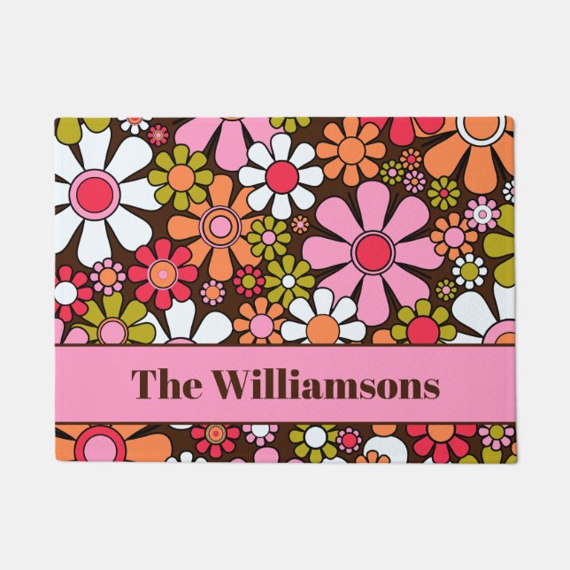 Groovy Retro Floral 60s 70s Flowers Personalized Doormat (Front)