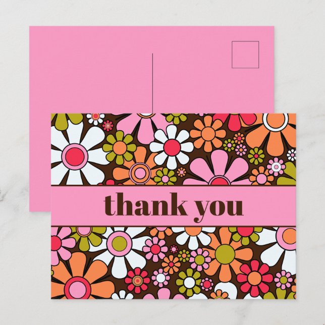 Groovy Retro Floral 60s 70s Flowers Thank You Postcard (Front/Back)