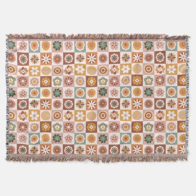 Groovy Retro Floral Checked Throw Blanket (Front)