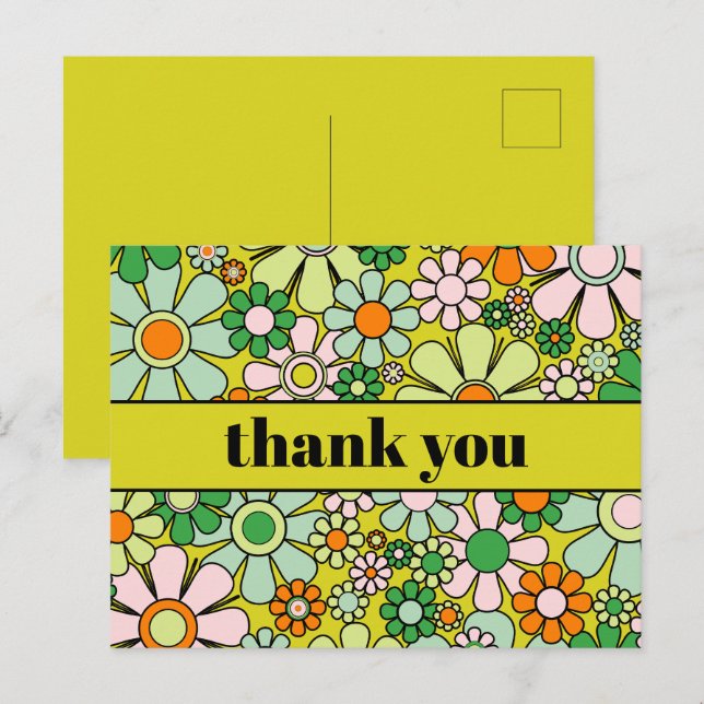 Groovy Retro Floral Colourful 60s 70s Thank You Postcard (Front/Back)