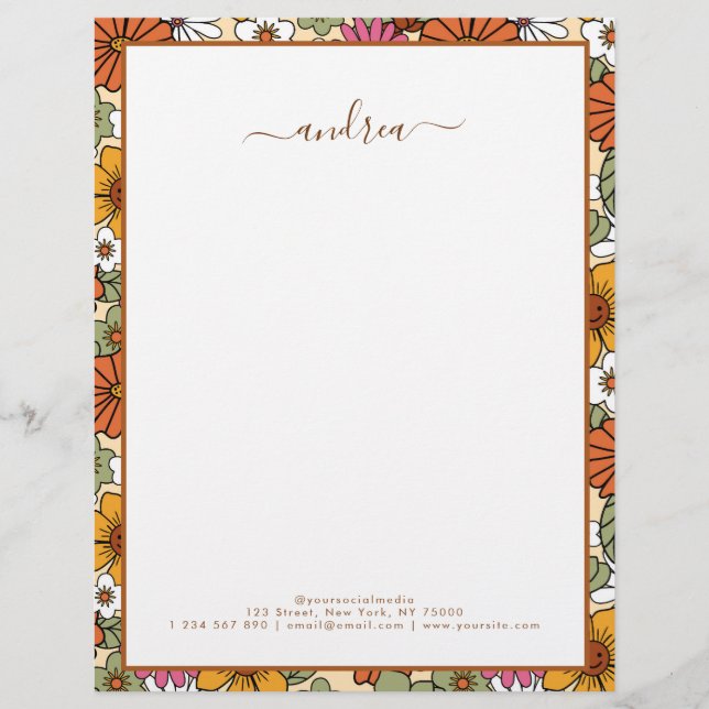 Groovy Retro Floral & Custom Business Script Name Letterhead (Front)