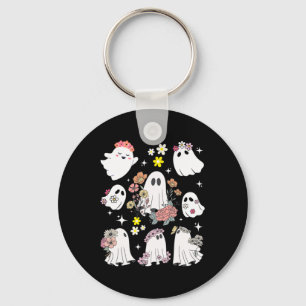 Groovy Retro Floral Ghost Hippie Cute Halloween Sp Keychain