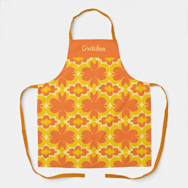 Groovy Retro Floral in Orange Yellow Design Apron (Front)