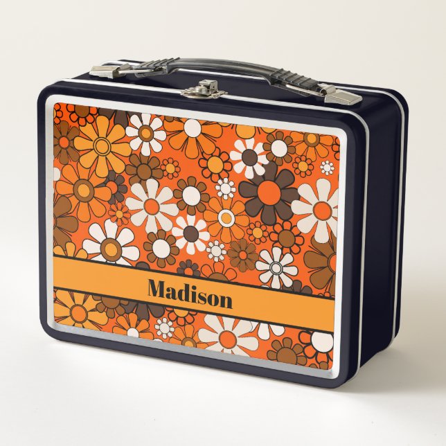 Groovy Retro Floral Pattern 70s Personalized Metal Lunch Box (Front)