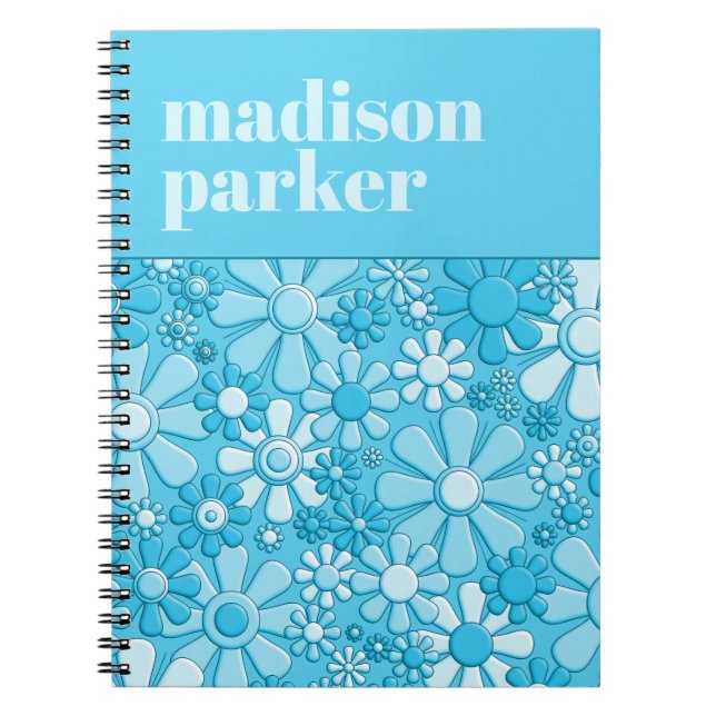 Groovy Retro Floral Personalized 60s Blue Notebook (Front)