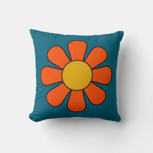 Groovy Retro Flower Blue Orange 70s Floral Throw Pillow