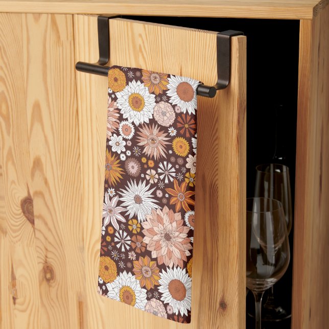 Groovy Retro Flower Garden Pattern Kitchen Towel (Thirds Fold)