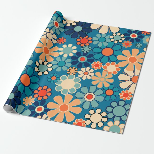 Groovy Retro Flowers 60s 70s Floral Pattern Wrapping Paper (Unrolled)
