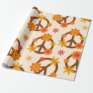 Groovy Retro Flowers on Peace and Love Signs Wrapping Paper
