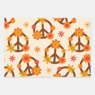 Groovy Retro Flowers on Peace and Love Signs  Wrapping Paper Sheet