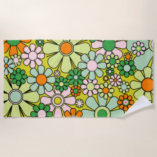 Groovy Retro Garden 60s 70s Spring Floral Pattern Beach Towel