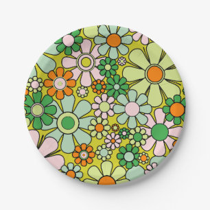Groovy Retro Garden 60s 70s Spring Floral Pattern Paper Plate