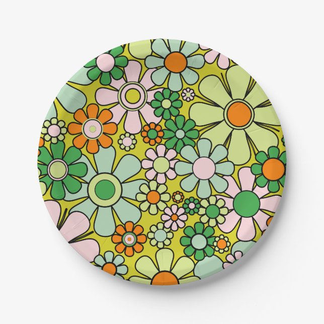Groovy Retro Garden 60s 70s Spring Floral Pattern Paper Plate (Front)