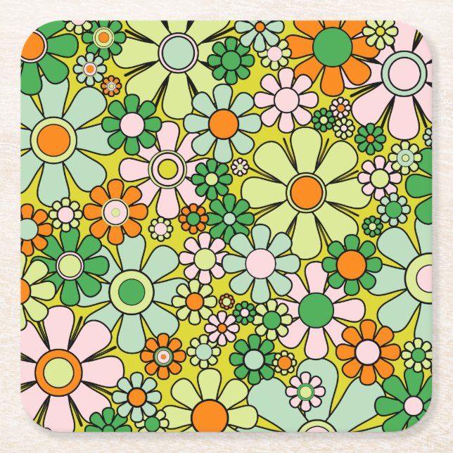Groovy Retro Garden 60s 70s Spring Floral Pattern Square Paper Coaster (Front)