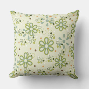 Groovy Retro Green Dusty Blue Floral Throw Pillow