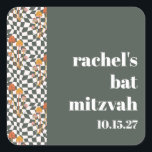 Groovy Retro Green Mushrooms Custom Bat Mitzvah  Square Sticker<br><div class="desc">Groovy Retro Green Mushrooms Custom Bat Mitzvah Square Sticker</div>