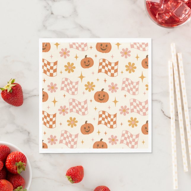  Groovy Retro Halloween Chequerboard Paper Napkins (Insitu)