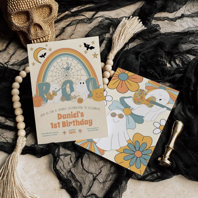 Groovy Retro Halloween Ghost Boy's Birthday Invitation (Creator Uploaded)