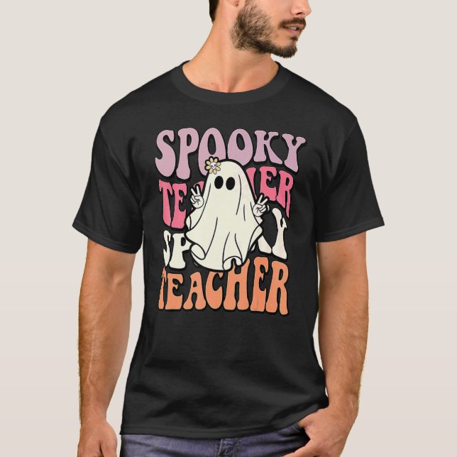 Groovy Retro Halloween Spooky Teacher Trick Or Tea T-Shirt (Front)