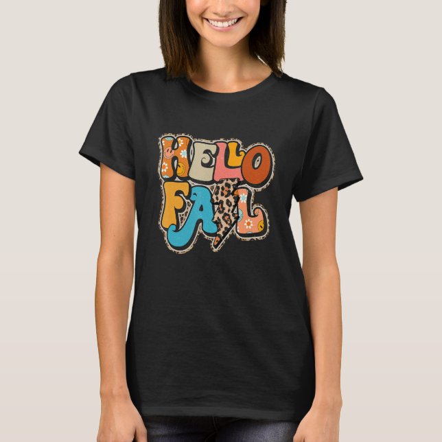 Groovy Retro Hello Fall Leopard Lightning Bolt Aut T-Shirt (Front)
