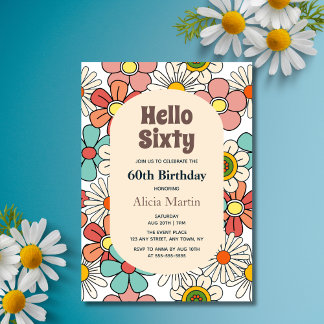 Groovy Retro Hippie Flower Hello Sixty Birthday Invitation