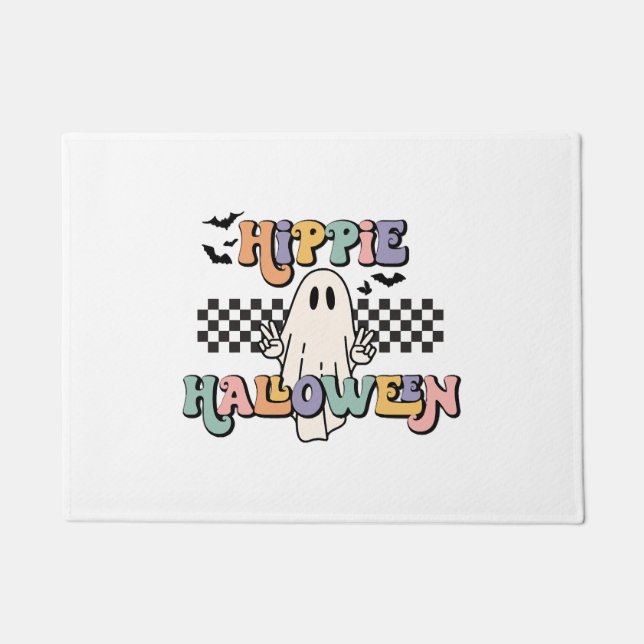 Groovy Retro Hippie Halloween Ghost Doormat (Front)