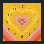 Groovy Retro Layered Heart     Square Wall Clock<br><div class="desc">Retro heart burst design. Heart layers in orange,  yellow,  pink. Groovy retro heart gifts,  home decor.</div>
