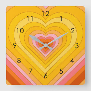Groovy Retro Layered Heart     Square Wall Clock