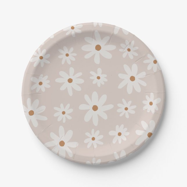 Groovy Retro Light Brown Daisy Floral Paper Plate (Front)