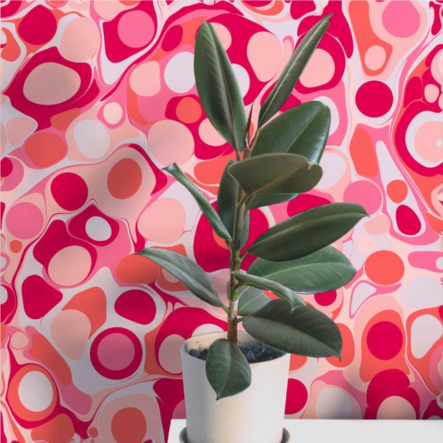 Groovy Retro Marbled Pink Ink Drops Wallpaper (Fun retro groovy liquid ink drop marbled pink peel and stick art wallpaper)