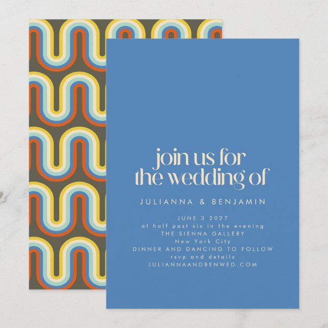 Groovy Retro Mod 70s Blue and Olive Green Wedding Invitation (Front/Back)