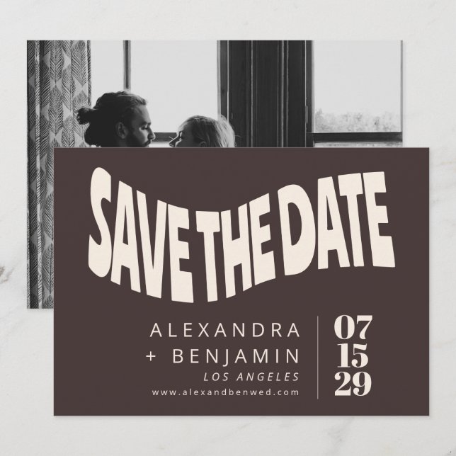 Groovy Retro Mod Brown Unique Wedding Photo Save The Date (Front/Back)