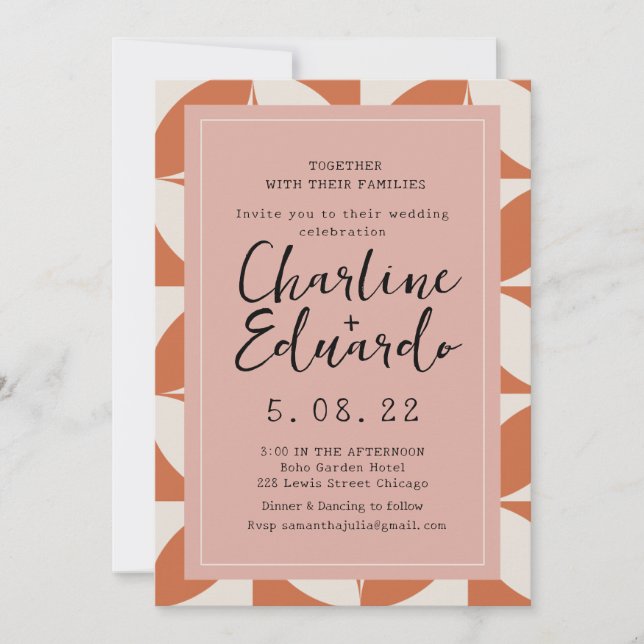 Groovy Retro Orange Beige Handwritting Wedding Invitation (Front)
