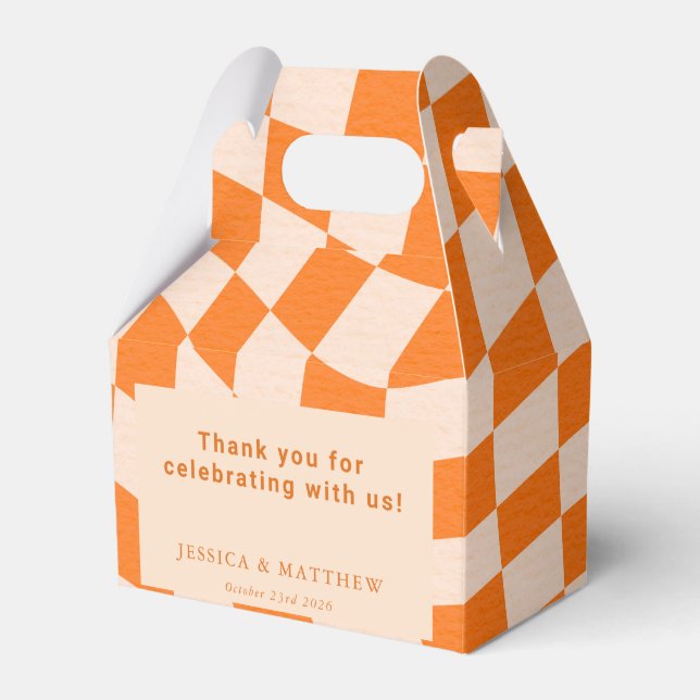 Groovy Retro Orange Check Wedding Custom Thank You Favor Box (Front Side)