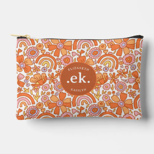 Groovy Retro Orange Florals Monogram Accessory Pouch