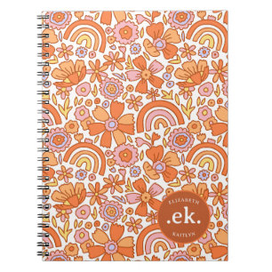  Groovy Retro Orange Florals Monogram Notebook