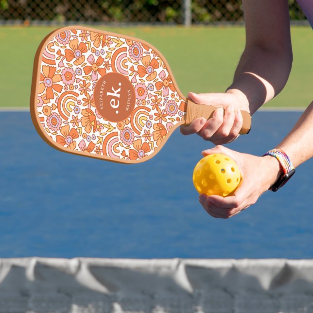  Groovy Retro Orange Florals Monogram Pickleball Paddle (Insitu)