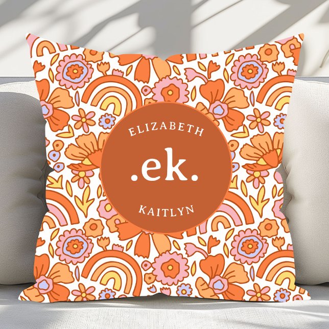  Groovy Retro Orange Florals Monogram Throw Pillow (Creator Uploaded)