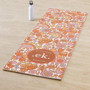 Groovy Retro Orange Florals Monogram Yoga Mat