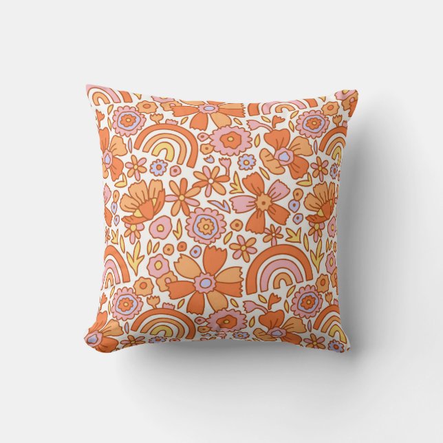  Groovy Retro Orange Florals Throw Pillow (Front)
