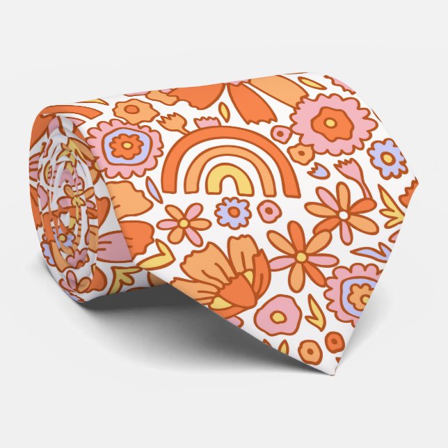  Groovy Retro Orange Florals  Tie (Rolled)