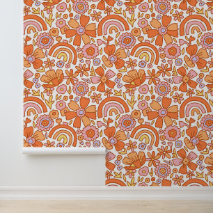  Groovy Retro Orange Florals  Wallpaper